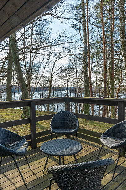 istock Outdoor terrace with wicker chairs and lake view 2244768685