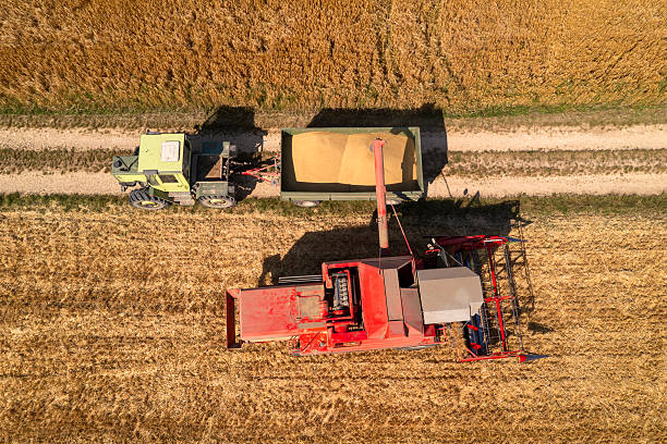 istock Combine harvester and tractor with tailer 2244769355
