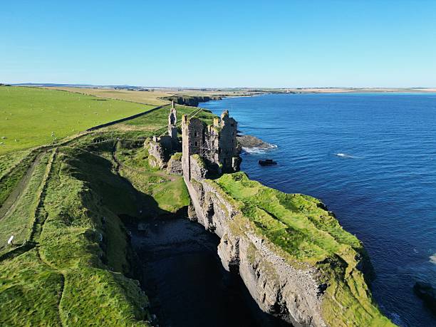 High angle view of the Caithness coast and the ruins of the historic Castle Sinclair Girnigoe, Wick, United Kingdom