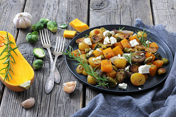 roasted autumn vegetable salad and feta cheese