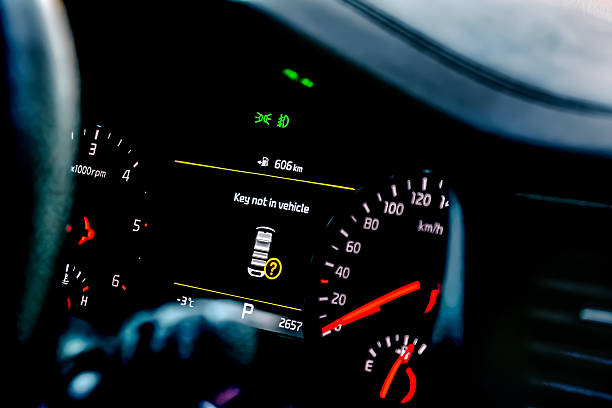 istock Car color screen dashboard with warning message.Key not in vehicle indicator.Intelligent driver digital information panel system in modern luxury automobile 2244777349