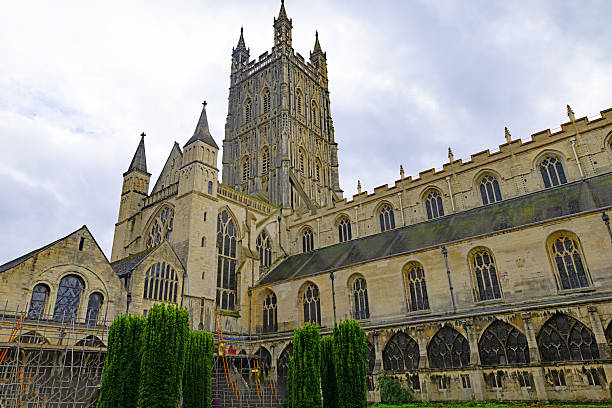 Gloucester Cathedral, stands in the north of the city, near the River Severn.  It was dedicated to Saint Peter and was founded by Osric, King of the Hwicce, in around 679.