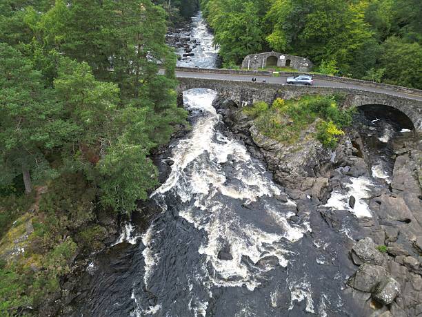 A view of the river Dochart and the impressive waterfalls as they cascade downstream.
