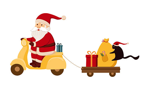 istock Santa Claus riding a yellow scooter with gift trailer and cute black cat 2244780063