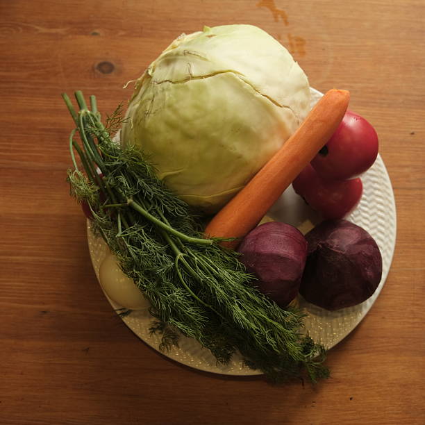 Vegetables peeled and cleaned for cooking borsch soup, potato, tomato, cabbage, carrot, beetroot, onion
