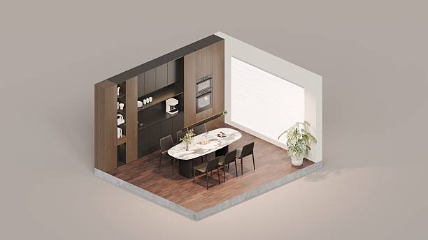istock Modern Kitchen Showroom Display with Wooden Cabinets and Built-in Dining Table 2244784225