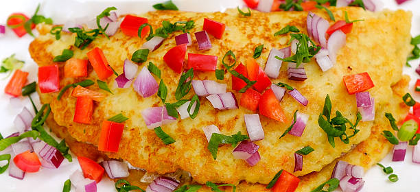 istock Omelet with herbs and vegetables on the plate isolated on white background 2244785558