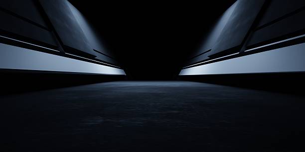 istock 3d rendering of white neon glowing spaceship corridor hallway dark background. Scene for advertising, showroom, technology, future, modern, E sport, game, garage. Sci Fi Illustration. Product display 2244786575