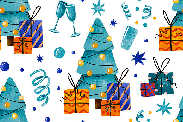 istock Winter holidays. Happy New year and merry christmas seamless pattern. Spruce, glasses, garland and gift box. Hand drawn watercolor illustration on isolated background 2244787908