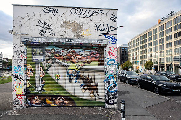 Urban extreme wide angle shot of passageway full of grafitti.