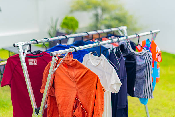 fresh laundry hanging on a clothesline in the blue sky.