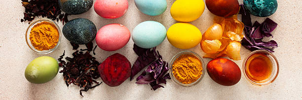 istock Brightly colored Easter eggs are lined up in a creative arrangement, surrounded by natural dyes made from plants, such as beets, turmeric and hibiscus, red cabbage and onion peel, vinegar, banner 2244789170