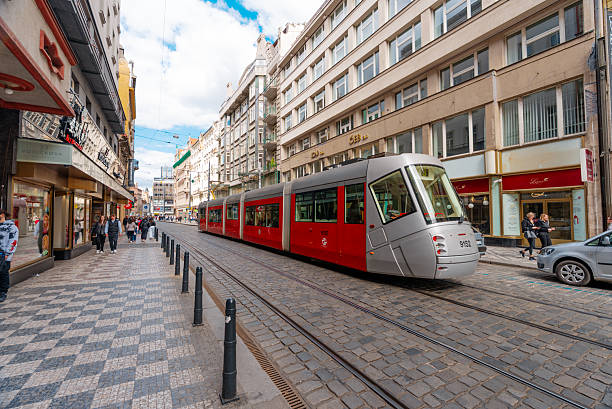 Prague, Czech Republic - 08.05.2025: Modern tram travels down the street.