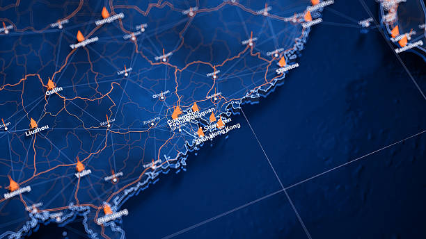 istock Shenzhen map big data visualization. Futuristic map infographic of city in China. Visual map data complexity in modern blue and orange colors 2244803323