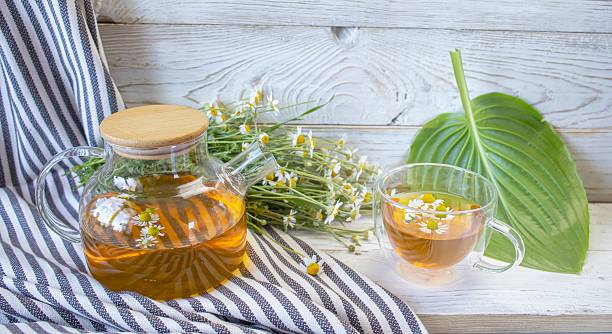 istock Fresh chamomile tea in a teapot and cup with flowers. 2244811058