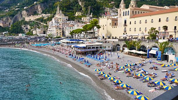 summer Atrani beach with sea water, Italy, web banner format