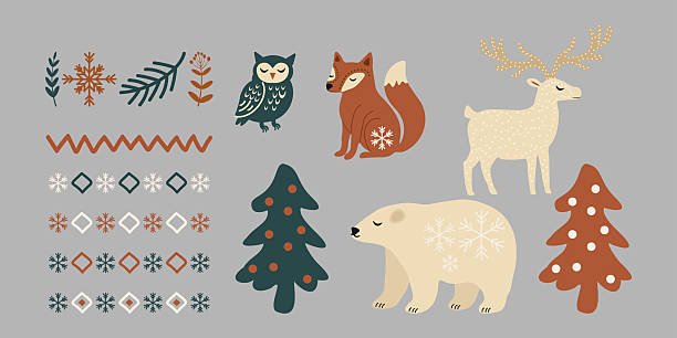 Set of Scandinavian style elements in soft pastel colors. Includes bear, fox, deer, owl, fir trees, snowflakes, and ribbon patterns. Perfect for winter design and nursery decor.