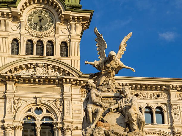 Aerial shot of Trieste's main square, Piazza Unità d'Italia, with historic buildings and waterfront. Urban cityscape with Mediterranean architecture and coastal promenade. European travel destination.