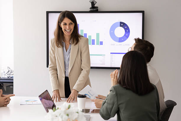 istock Positive product owner woman presenting teamwork strategy to managers 2244833644