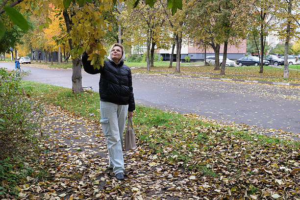 A woman walks through an autumn park on a sunny day.
