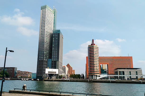 Rotterdam, Netherlands - August 22, 2018 - Modern urban skyline with skyscrapers and waterfront view on a clear day.
