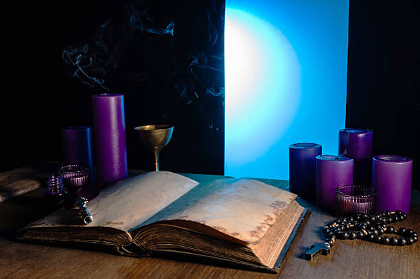 istock Vintage open book with blank pages, feather quill, candles, rosary and window, gothic Dracula story concept with copy space. 2244840366