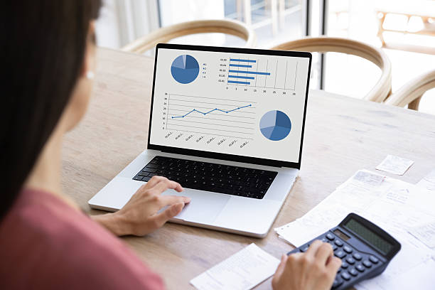 istock Over shoulder view of laptop screen with analytic information 2244847717