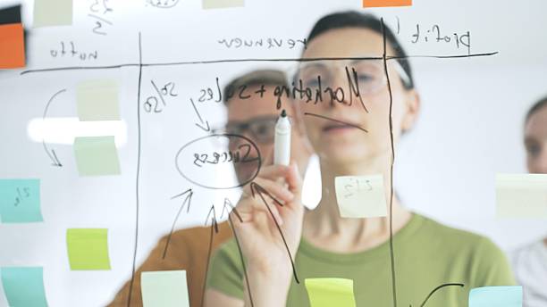 istock Professional team brainstorming, sharing strategy on glass whiteboard with colorful sticky notes, working collaboratively in bright office space. Business people concept 2244850482