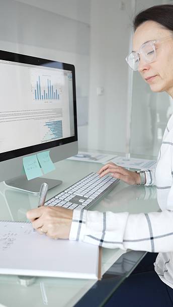 istock Woman analyst working on computer, analyzing business data with charts and graphs, marketing report on screen. Businesspeople concept 2244851228