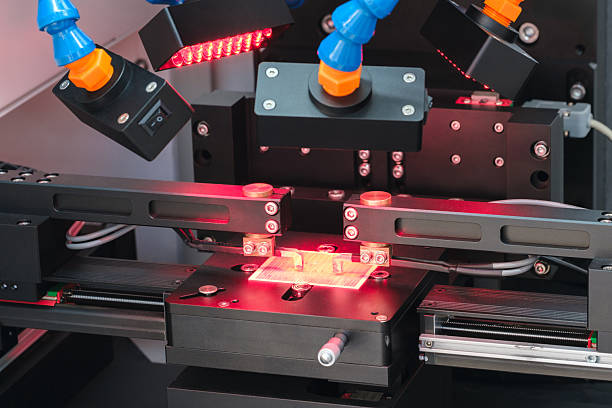 istock study of test sample of the transistor microchip under a microscope in the laboratory. Equipment for testing chips. Production automation. Manufacture of chips. Silicon Wafers 2244852745