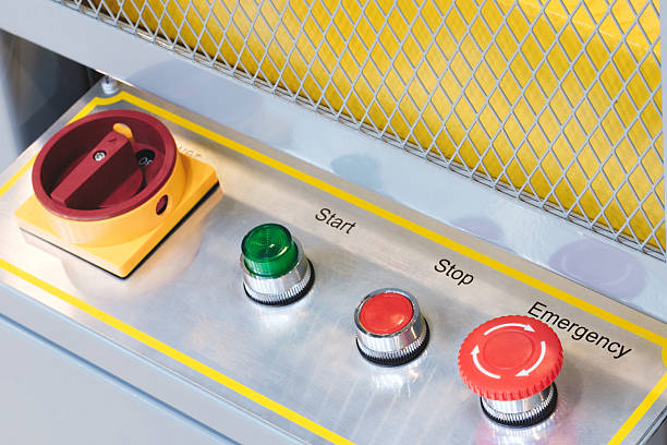 istock red, green button panel with the words start, stop, and emergency. The buttons are arranged in a row 2244852893