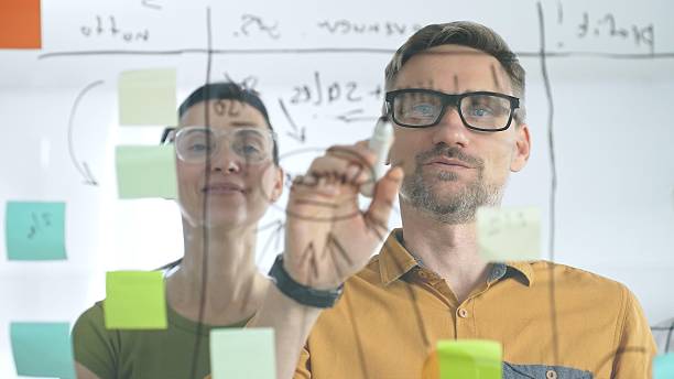 istock Business colleagues planning strategy, writing notes on glass wall, collaborating with enthusiasm in bright contemporary workspace 2244854934