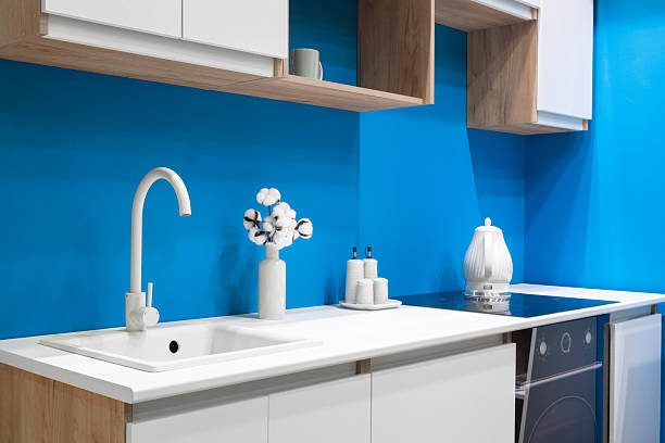 istock Kitchen blue interior Modern kitchen washbasin with faucet in kitchen interior 2244854963