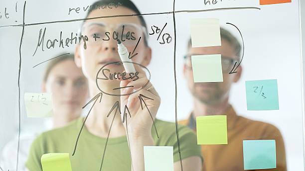 istock Marketing team collaborating, strategizing business growth with colorful sticky notes on transparent board, targeting revenue and profitability goals 2244856719