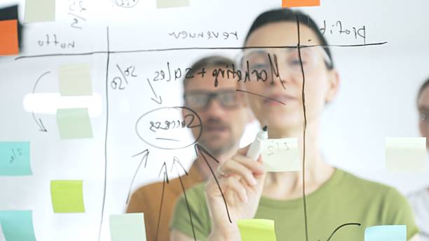 istock Marketing team collaborating, strategizing business growth with colorful sticky notes on transparent board, targeting revenue and profitability goals 2244859018