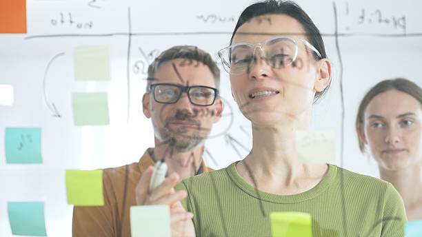 istock Business people team brainstorming strategic goals, mapping innovative concepts on transparent whiteboard with colorful sticky notes and black marker in office 2244863717