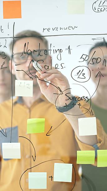 istock Business people team strategizing, writing collaborative notes on glass board, mapping innovative project workflow with marker in office 2244866361
