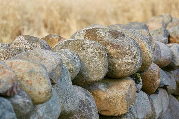 Close-up view of an aged stone wall constructed from smooth, round rocks, with a blurred golden field in the background, showcasing a rustic and natural countryside scene in soft tones.
