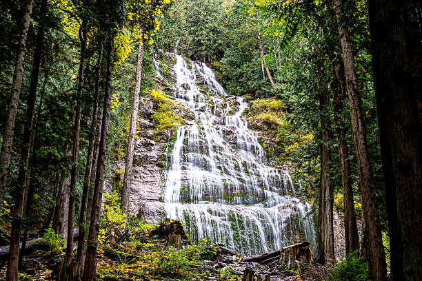 Bridal Veil Falls Provincial Park features a short forest trail leading to a tall waterfall that spread like a delicate bridal veil across smooth rock, Agassiz, BC Canada