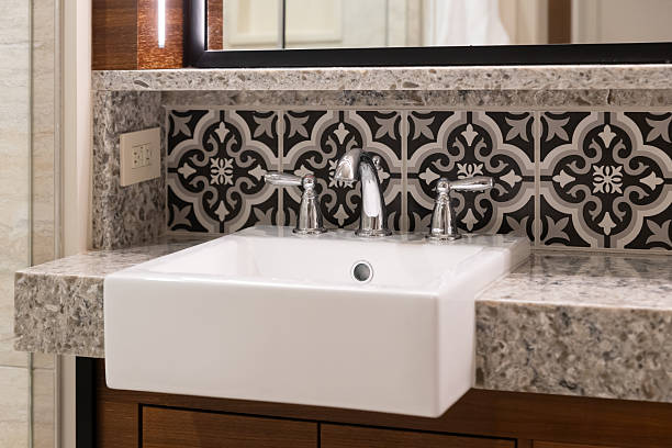 istock A bathroom farmhouse sink detail with a pattern tile backsplash. 2244873102