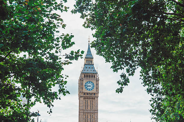 istock Big ben london clock tower framed by green trees 2244876422