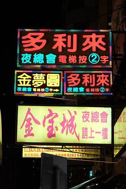 Colourful neon placards in Mong Kok district at night, Kowloon Peninsula. The area, with its extremely high population density of 130,000/km2 was described as the busiest district in the world. Hong Kong