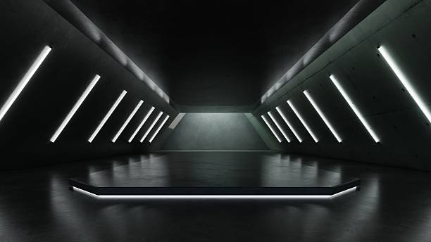 istock Abstract architecture background with neon light, Dark sci-fi interior design, Car presentation backdrop with empty futuristic concrete floor and wall 2244889990
