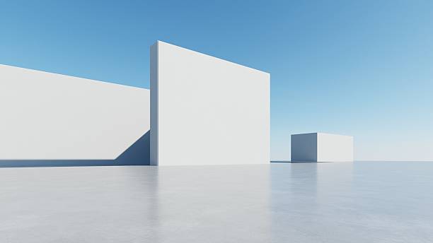 istock 3d illustration of abstract modern architecture background, Minimal geometry architectural design, Car presentation backdrop with empty concrete floor, Geometric white blocks building design 2244890014