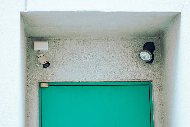 A minimalist urban scene featuring a teal-colored door, a security camera, and a wall-mounted light, representing city safety and modern architecture details.