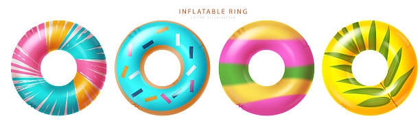 Summer inflatable ring vector element set. Summer inflatable rings, floaters objects collection for vacation swimming elements. Vector illustration summer floaters set. Summer inflatable ring vector element set. Summer inflatable rings, floaters objects collection for vacation swimming elements. Vector illustration summer floaters set. green buoy stock illustrations