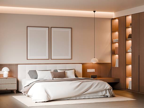 istock Modern Minimalist Bedroom Interior with Frame Poster Mockup - 3d Render 2244900336