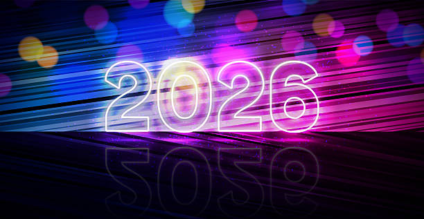 istock 2026 Happy New Year Greeting Card Design with Glowing Neon Light Number and Colorful Bokeh Lights on Abstract Vibrant Background. Vector Christmas Holiday Season Illustration with Typography Lettering for Calendar, Celebration Poster, Party Invitation, Oc 2244904325