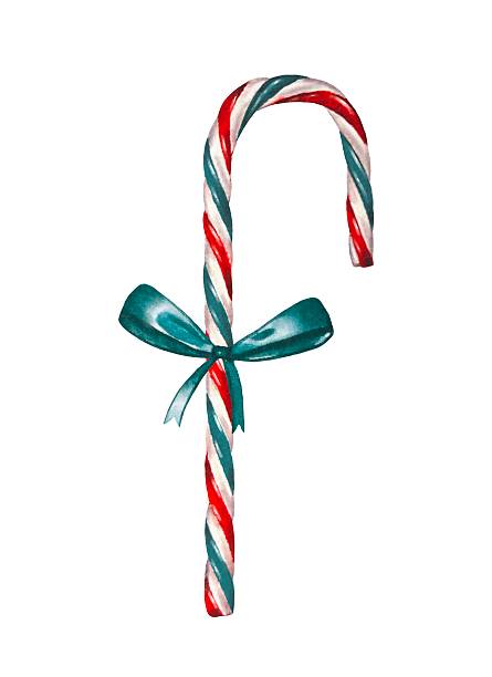 istock Hand drawn Christmas candy cane with bow. Watercolor illustration. 2244905221