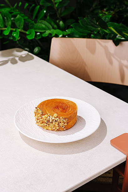 Delightful dessert served on a white plate in a cozy cafe setting